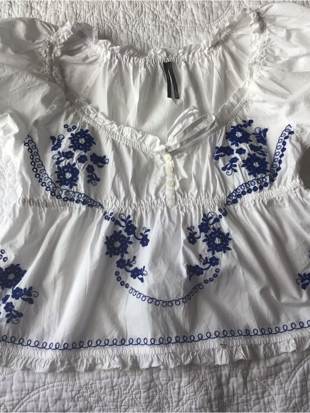 Anthropology White Peasant Top with Blue Floral Embroidery